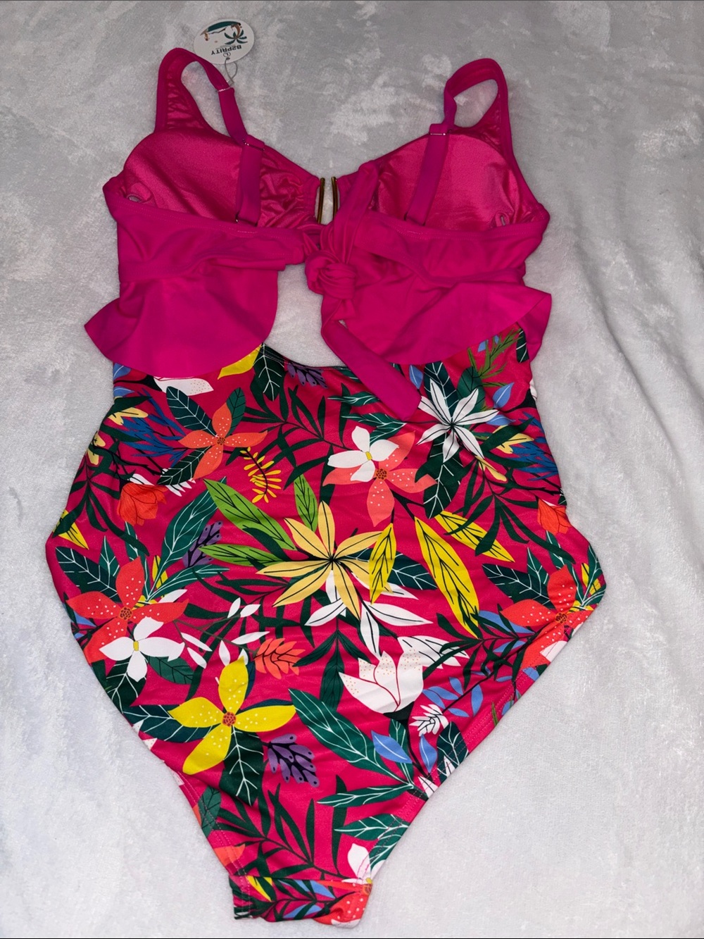 Ruffle Tie-Front One-Piece Swimsuit in Hot Pink with Tropical High-Waist - Picture 4 of 4